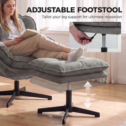 Armchair with Adjustable Footstool, 360° Swivel Chenille Cloud Accent Chair with Thick Cushion, Steel Base, Grey