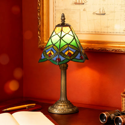 Tiffany-Style Table Lamp with Geometric Patterns, Handcrafted Antique Stained Glass Bedside Lamp for Living Room and Bedroom