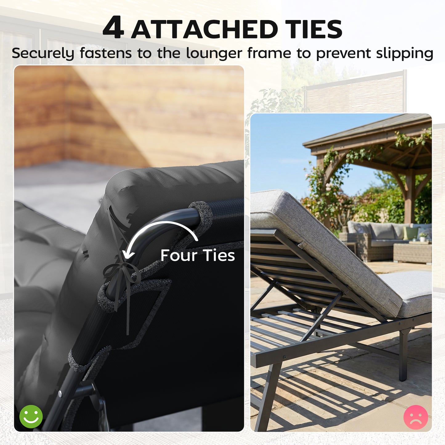 Sun Lounger Cushions Only, Garden Lounge Chair Cushions Set of 2, Sunbed Replacement Pads with 4 Ties, Dark Grey