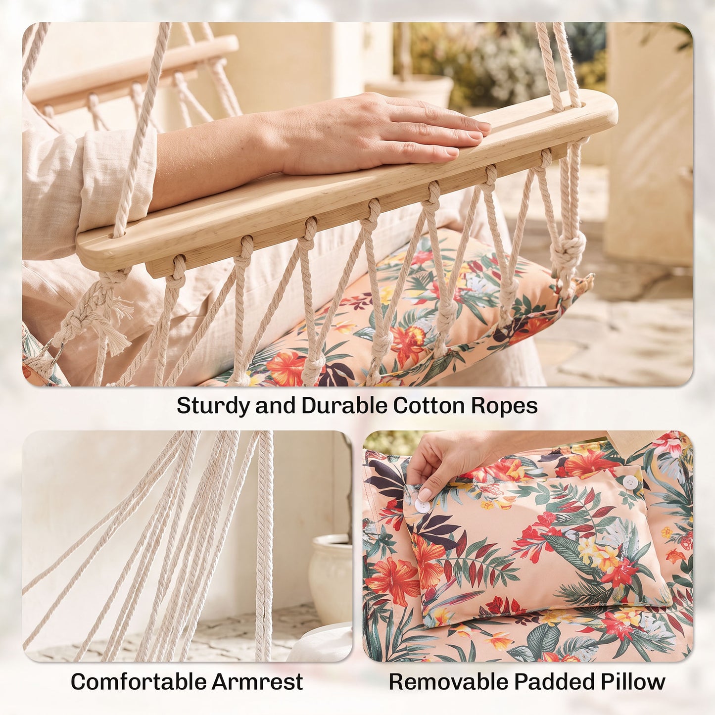 Garden Outdoor Hanging Hammock Chair Thick Rope Frame Wooden Arms Safe Garden Outdoor Spot Stylish Multicoloured floral