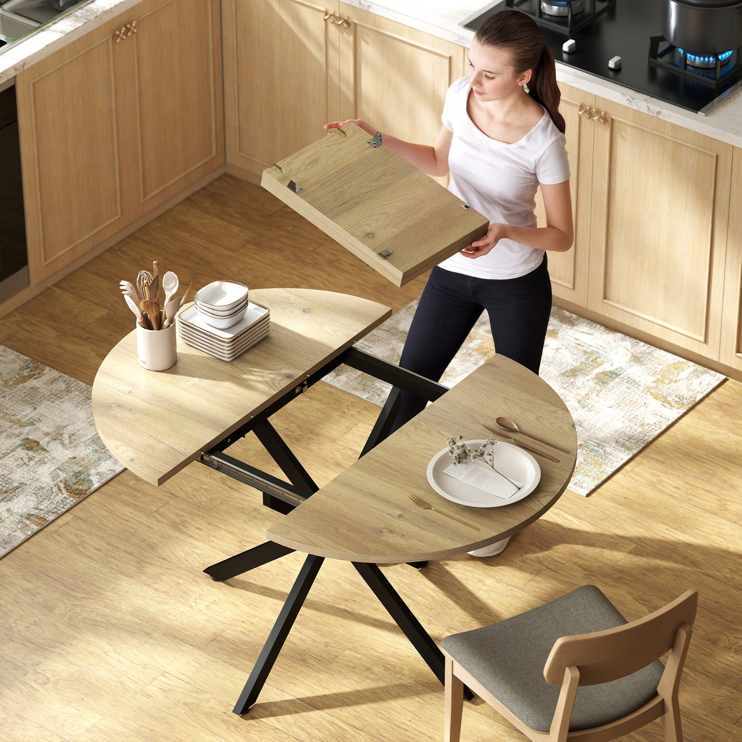 Extendable Dining Table for 4-6, Industrial Kitchen Dinner Table with Butterfly Leaf and X-Shape Base, Natural Wood