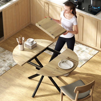 Extendable Dining Table for 4-6, Industrial Kitchen Dinner Table with Butterfly Leaf and X-Shape Base, Natural Wood