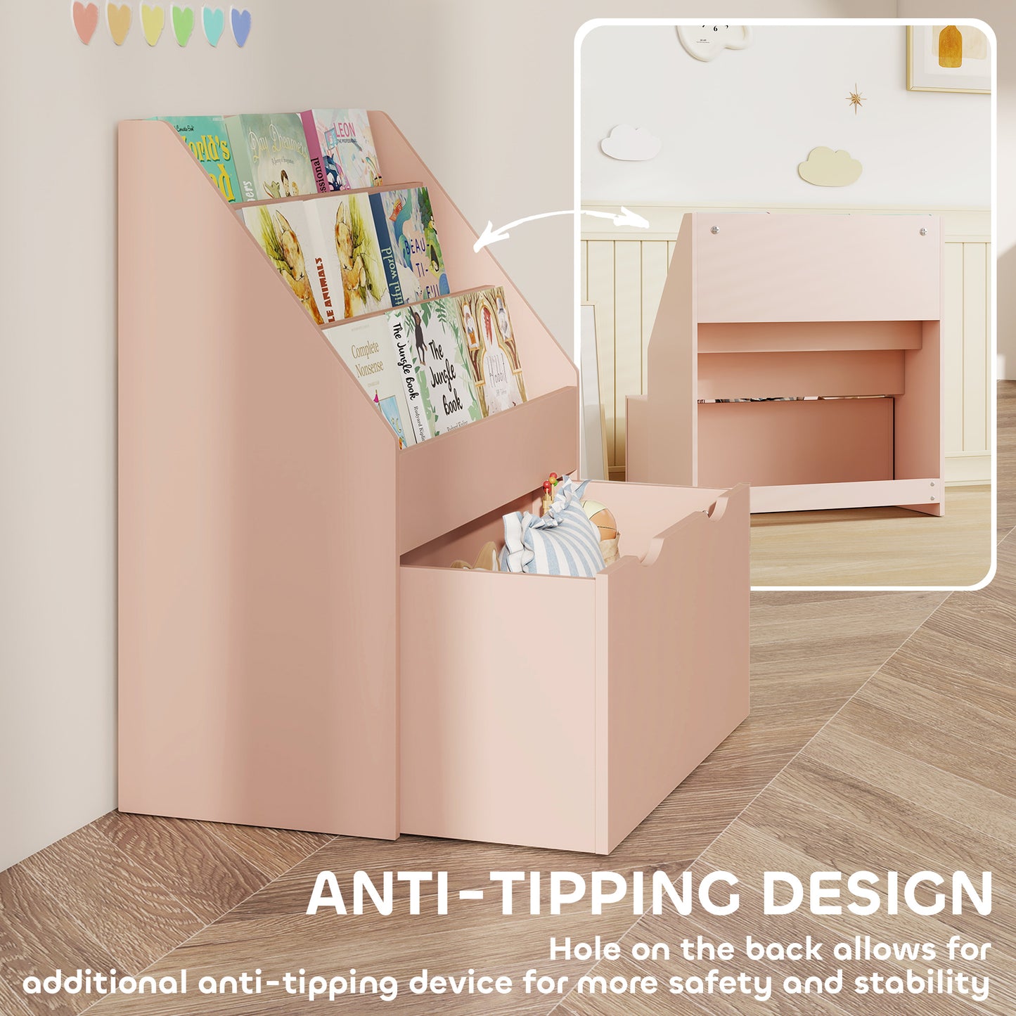 Bookcase for Kids with Shelves, Drawer, Bookcase for Bedroom, Playroom, Pink