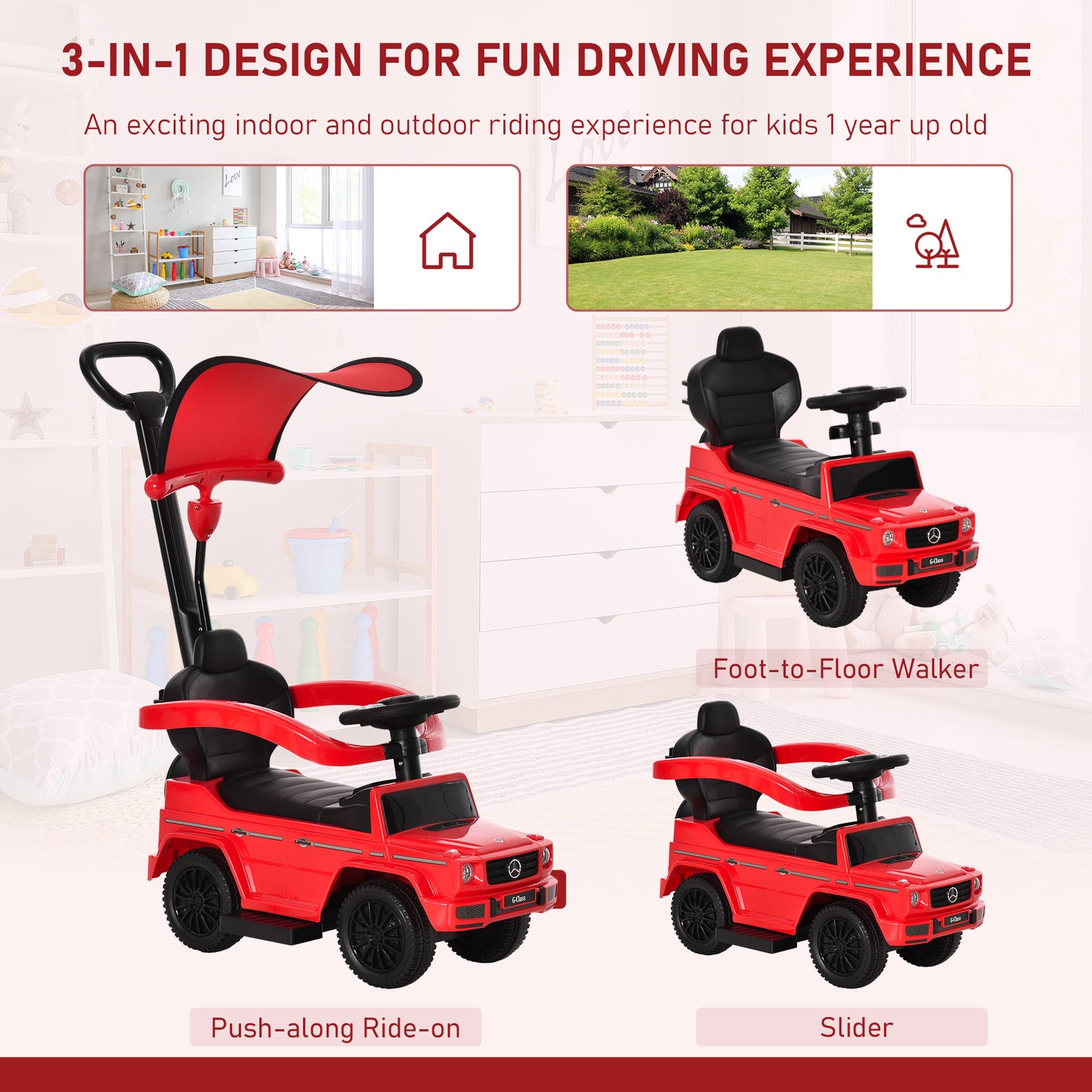 3 in 1 Kids Children Ride on Push Car Toddler Sliding Car G350 Licensed Walker Foot to Floor Slider Push-Along with Horn Stee