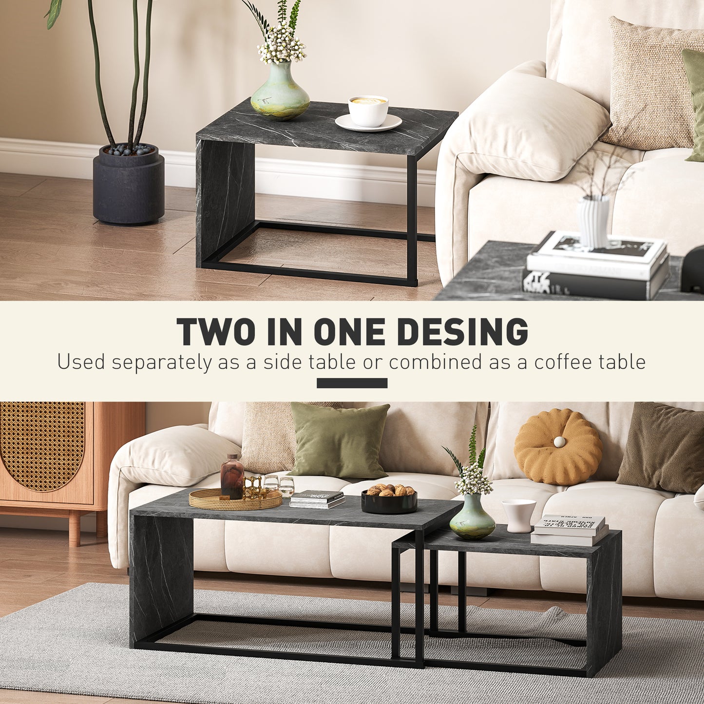 Nesting Coffee Table Set of 2, Industrial Stacking Side End Tables with Metal Frame for Living Room, Bedroom