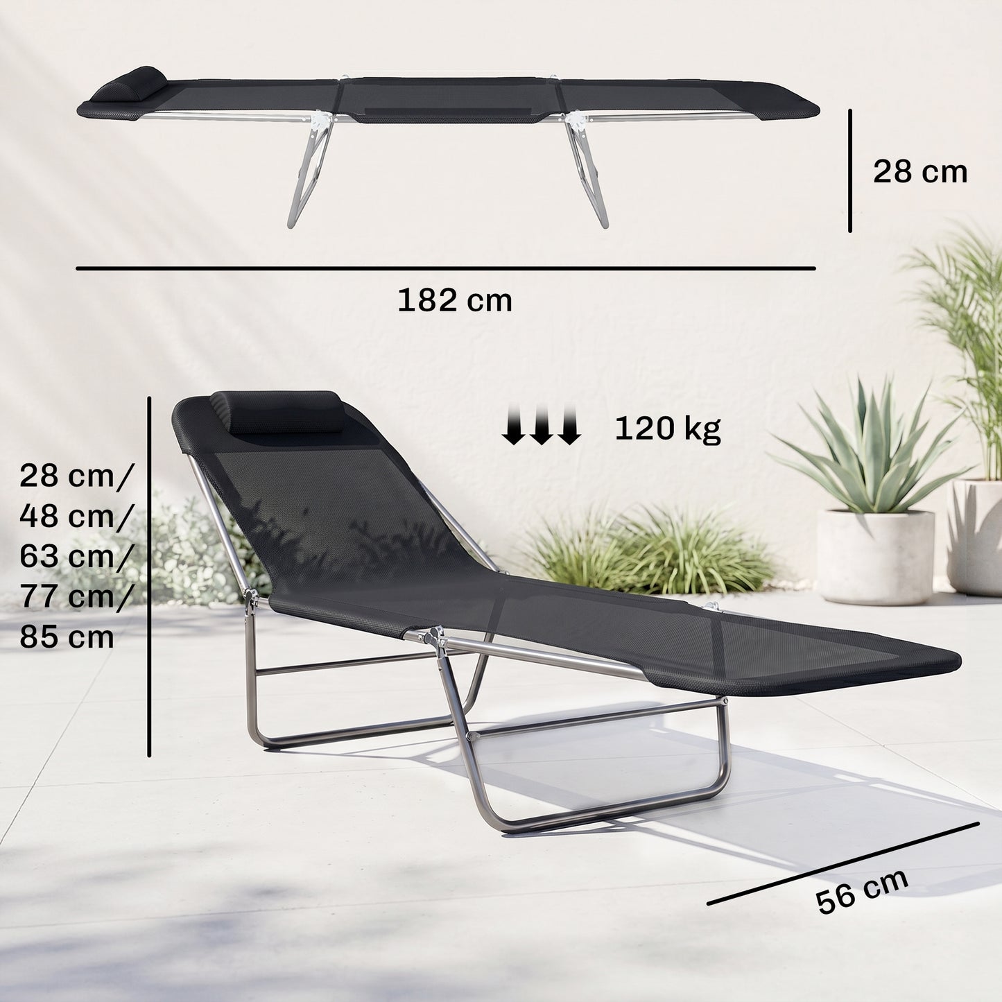 Folding Sun Lounger, Texteline Reclining Sun Bed with 5 Position Adjustable Backrest, Headrest, Black