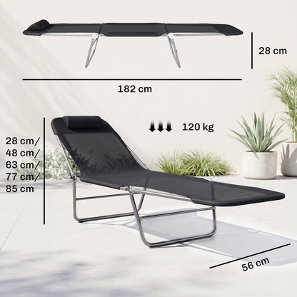 Folding Sun Lounger, Texteline Reclining Sun Bed with 5 Position Adjustable Backrest, Headrest, Black