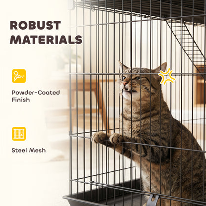 3-Tier Large Cat Cage Indoor, Detachable Metal Wire Kennel with Hammock, Platforms, Tray and Cushions for 1-2 Kittens