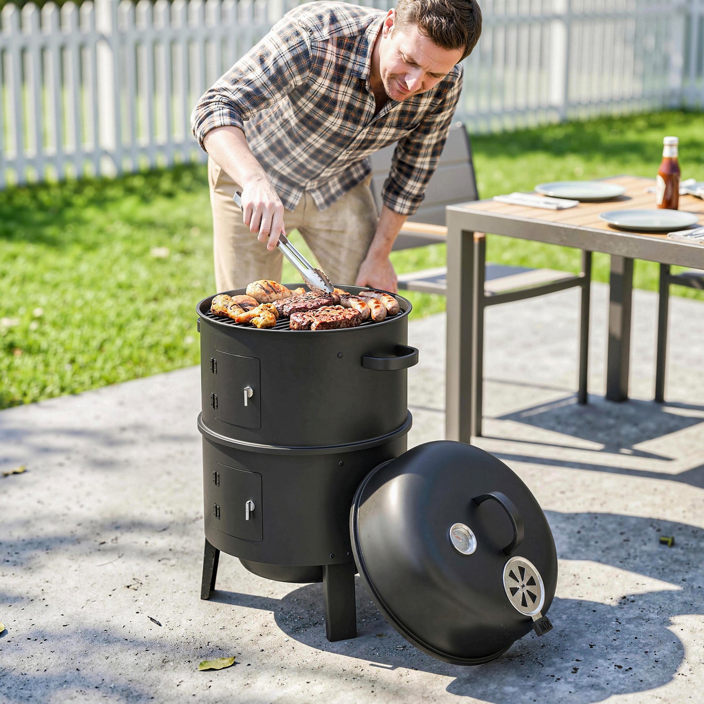 3-in-1 Vertical Charcoal Smoker with 2 Grill Grates, Built-in Thermometer, Adjustable Vent, 2 Doors
