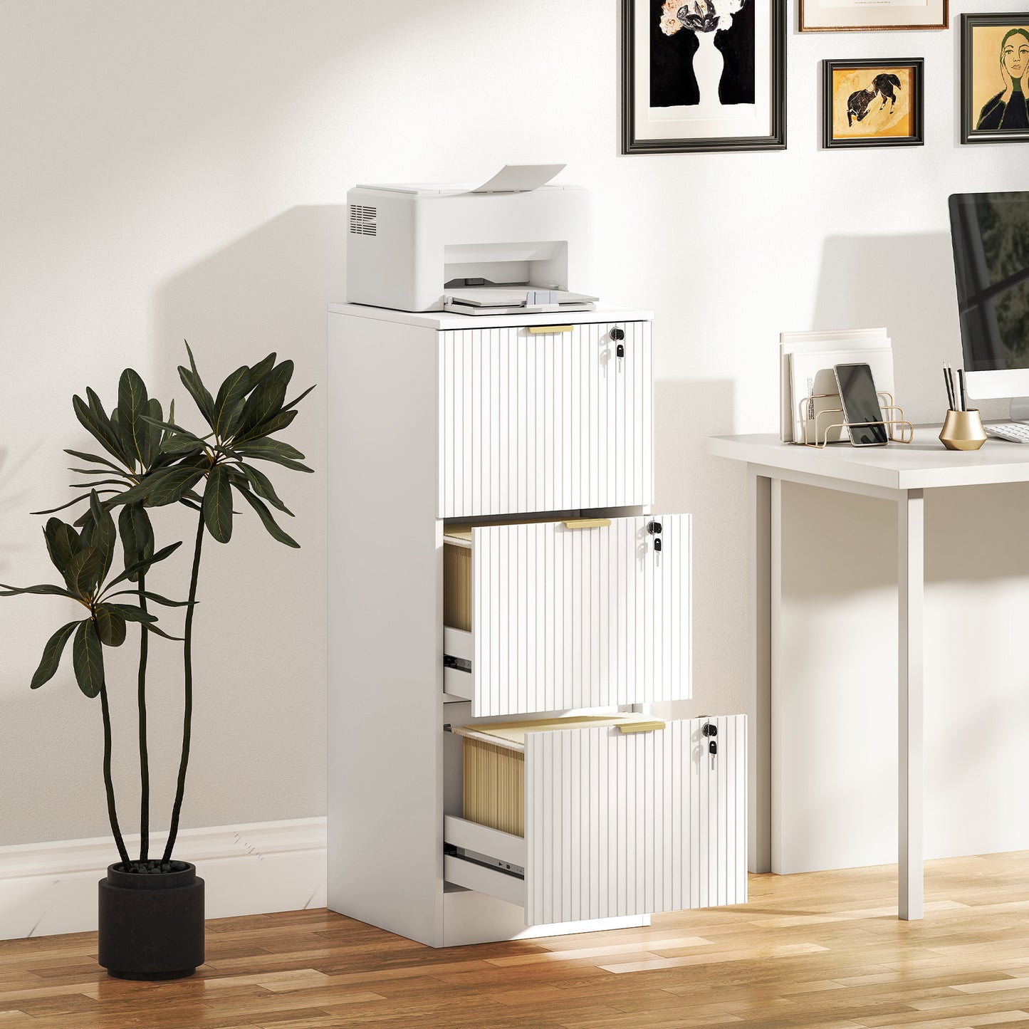 Filing Cabinet, Fluted Vertical File Cabinet with 3 Lockable Drawers and Hanging Rails, White