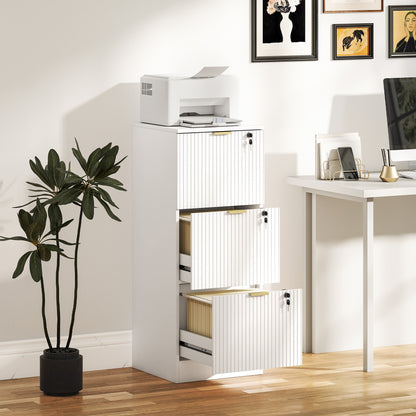 Filing Cabinet, Fluted Vertical File Cabinet with 3 Lockable Drawers and Hanging Rails, White