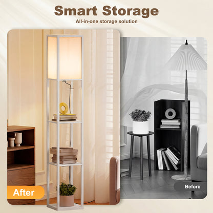 3-Tier Floor Lamp with Shelves and Storage, Modern Corner Standing Lamp with Lampshade, Foot Switch for Living Room, Bedroom