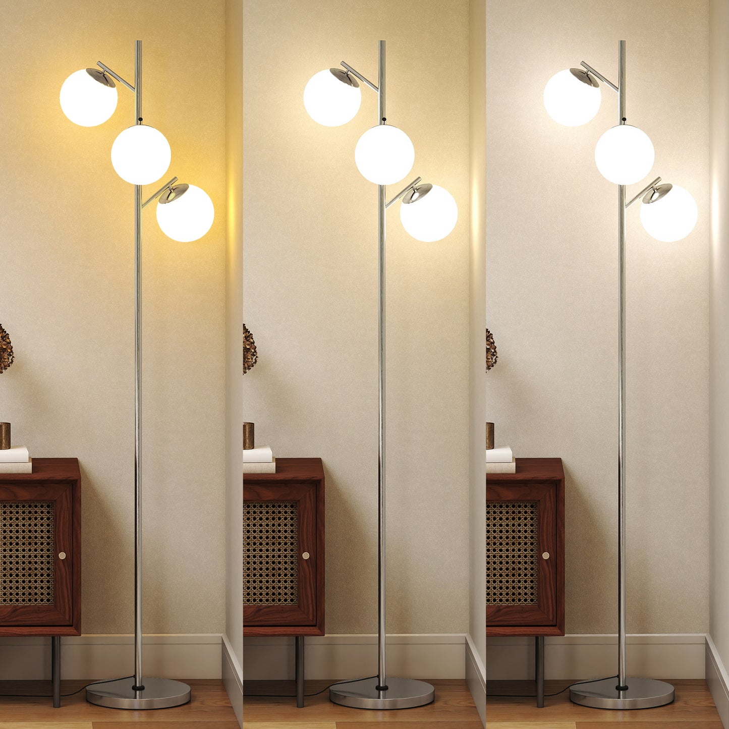 3-Light Tree Floor Lamps for Living Room, Modern Standing Lamp for Bedroom with Globe Lampshade