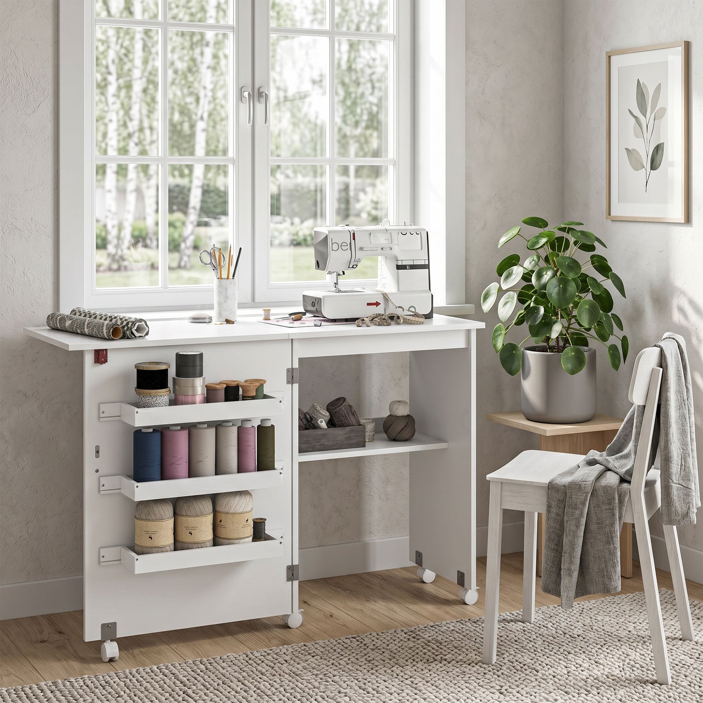 Folding Sewing Table, Drop Leaf Craft Table with Storage Bins, Open Shelf and Wheels