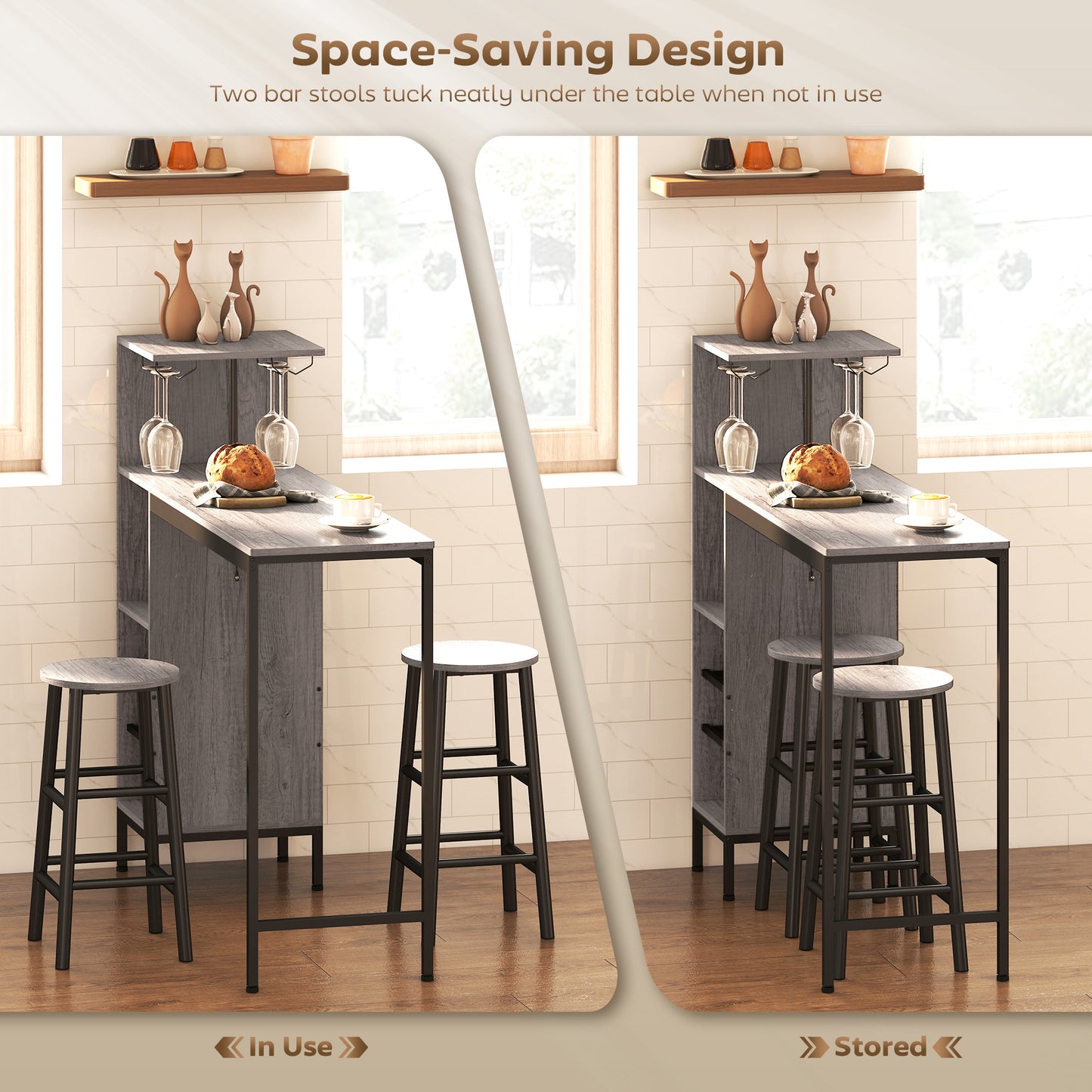 3 Pieces Dining Room Set, 2 Round Stools with Footrest, 6-Tier Dining Table with Storage Shelves, Natural