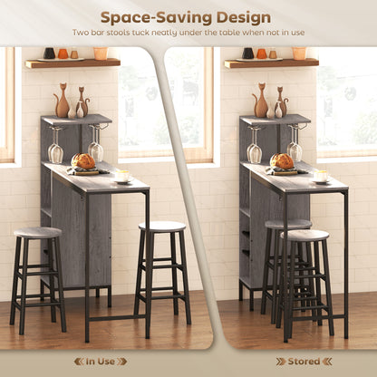3 Pieces Dining Room Set, 2 Round Stools with Footrest, 6-Tier Dining Table with Storage Shelves, Natural