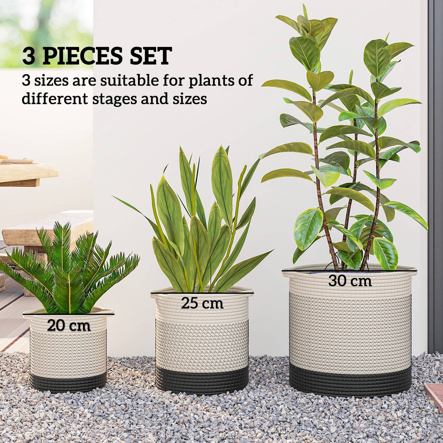 Plant Pots Handwoven Cotton Indoor Planters with Waterproof Liner Set of 3 White