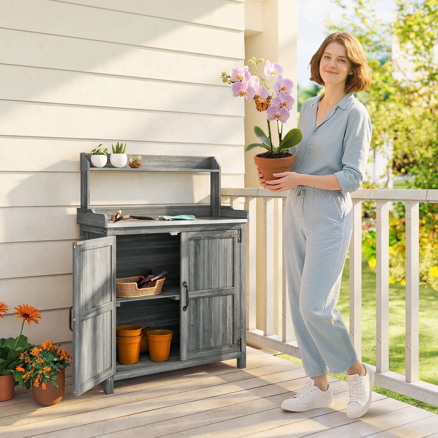 Wooden Potting Bench Table with Aluminium Worktop, Outdoor Garden Workbench with Top Shelf and Cabinet Storage