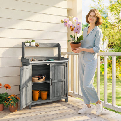 Wooden Potting Bench Table with Aluminium Worktop, Outdoor Garden Workbench with Top Shelf and Cabinet Storage