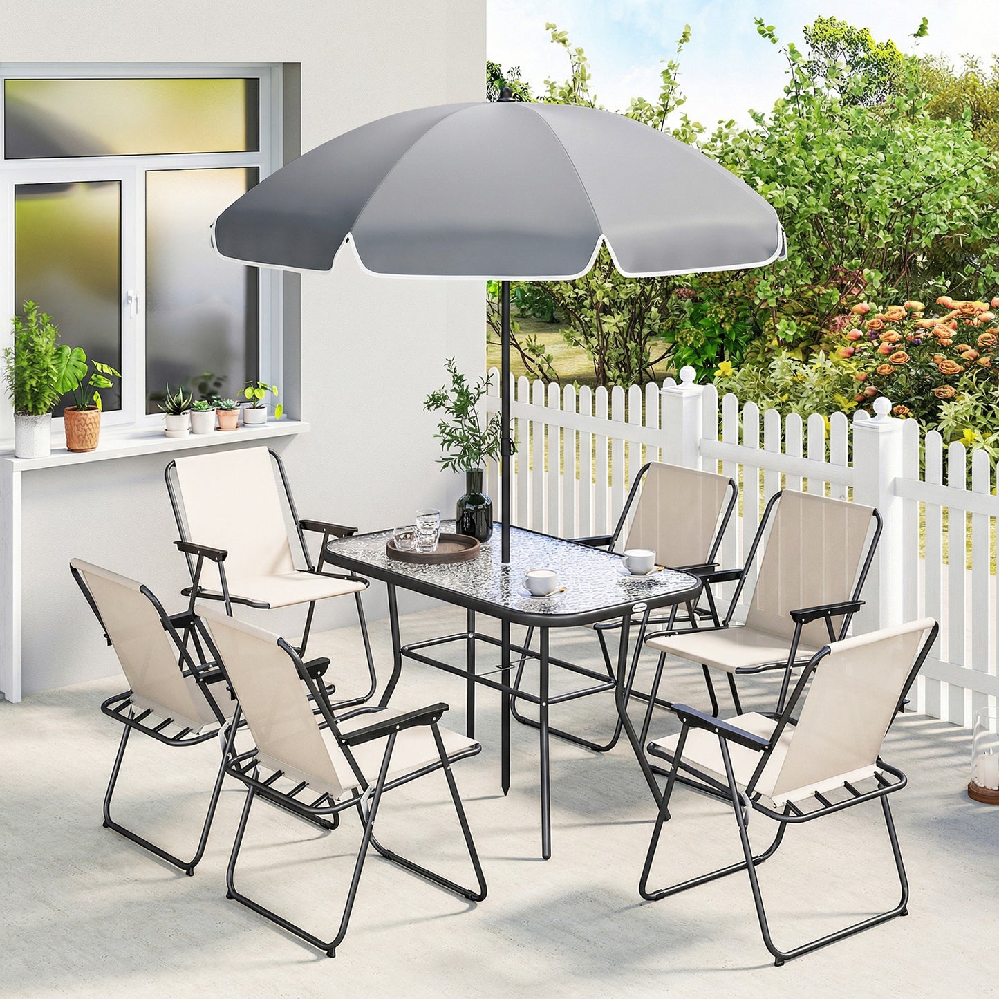 8 Piece Garden Dining Set with Umbrella Garden Furniture Set with 6 Folding Chairs, Tempered Glass Table for Patio Cream