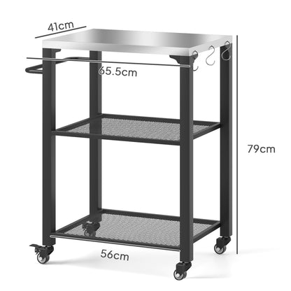 Three-Shelf Outdoor Grill Cart with Stainless Steel Top, Outdoor Kitchen Island with 4 Wheels, 3 Hooks