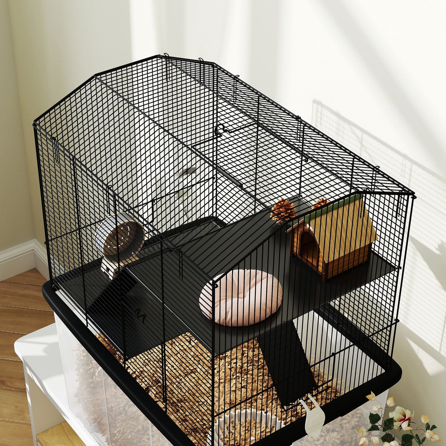 Three-Tier Gerbil Cage, Hamster Cage for Dwarf Hamster, Syrian Hamster w/ Wheels, Deep Bottom, Food Dish, Water Bottle