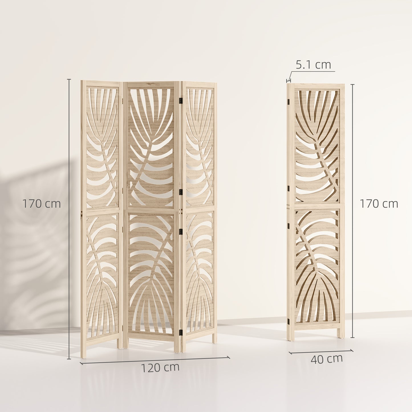 3 Panel Room Divider, Detachable Folding Privacy Screens with Palm Leaf Design for Home Office, Natural Wood Finish
