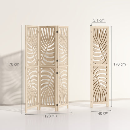3 Panel Room Divider, Detachable Folding Privacy Screens with Palm Leaf Design for Home Office, Natural Wood Finish