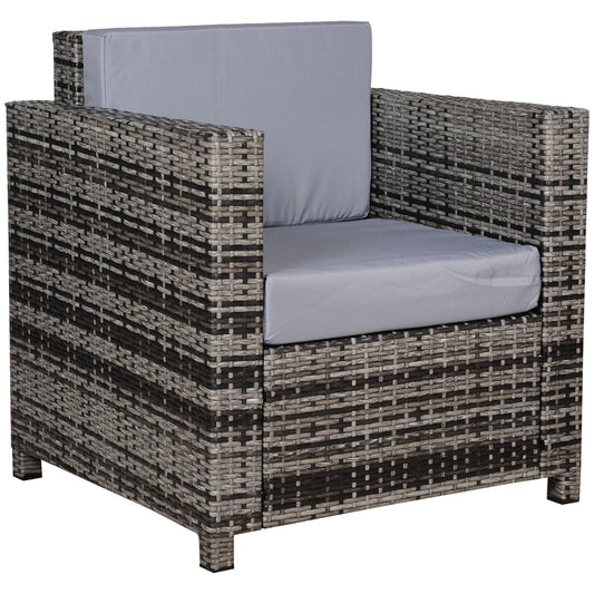 Rattan Garden Armchair 10cm Cushion Outdoor Single Chair with Steel Frame, Grey