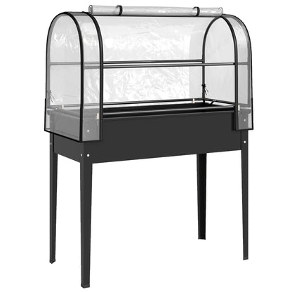 Raised Planter with Flip-Up Greenhouse Cover, Metal Raised Garden Bed on Legs with Drainage Hole, Black