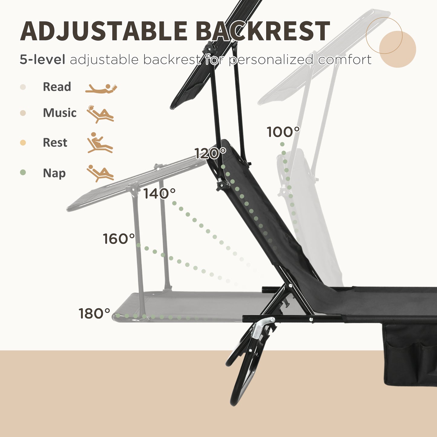 Set of Two Folding Sun Loungers, with Adjustable Backs and Sun Canopies - Black