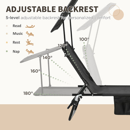 Set of Two Folding Sun Loungers, with Adjustable Backs and Sun Canopies - Black