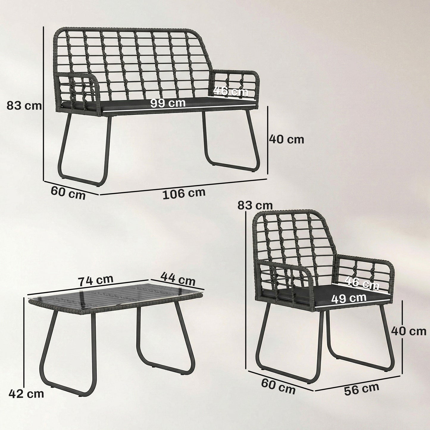 4 Piece Rattan Garden Furniture Set, Outdoor Patio Furniture with Loveseat, Armchairs and Coffee Table