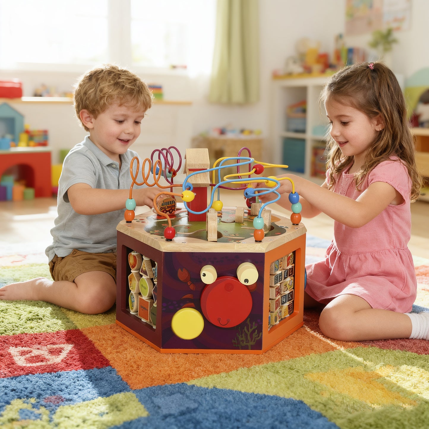 8 in 1 Wooden Activity Cube with Bead Maze, Shape Sorter, for Kids Boys Girls 18+ Months
