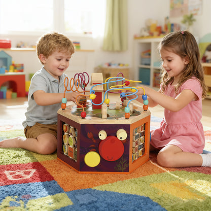 8 in 1 Wooden Activity Cube with Bead Maze, Shape Sorter, for Kids Boys Girls 18+ Months
