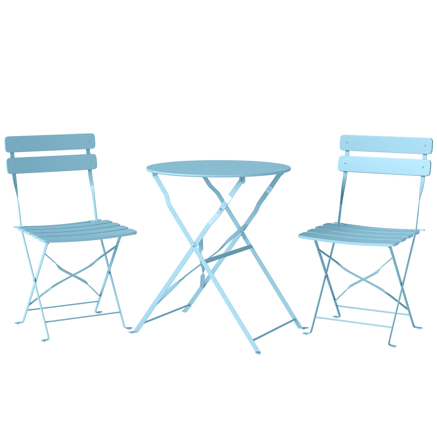 Folding Garden Bistro Set, Outdoor Round Bistro Table and Chairs Set 2 with Electrophoresis Metal Frame, Light Blue