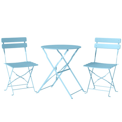 Folding Garden Bistro Set, Outdoor Round Bistro Table and Chairs Set 2 with Electrophoresis Metal Frame, Light Blue