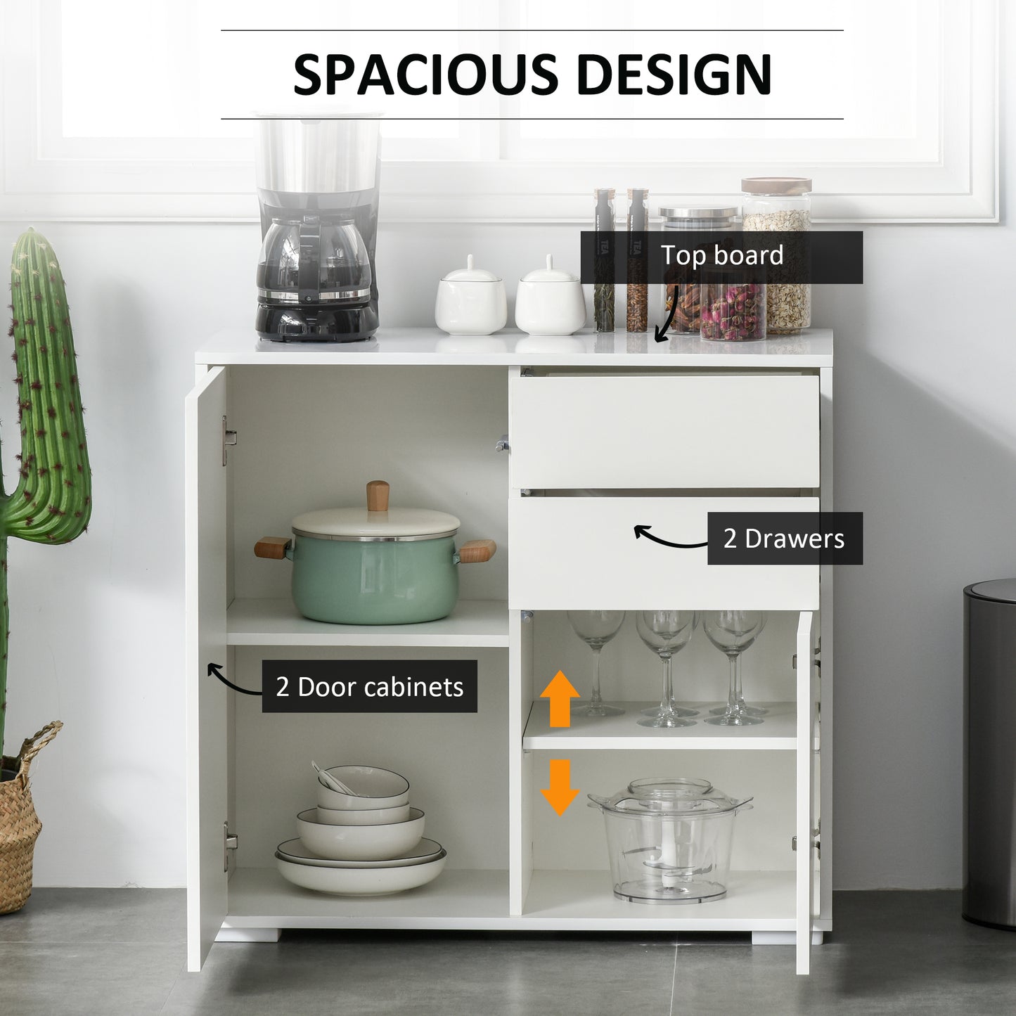 High Gloss Frame Sideboard, Push-Open Design with 2 Drawer for Living Room, Bedroom, 74H x 79W x 36Dcm, White