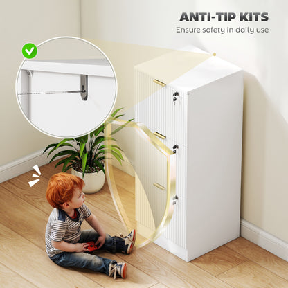 Filing Cabinet, Fluted Vertical File Cabinet with 3 Lockable Drawers and Hanging Rails, White