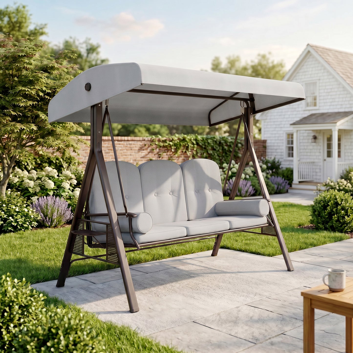 3 Seater Canopy Swing Chair, Outdoor Garden Swing Seat with Adjustable Canopy, Cushions and Cup Trays, Steel Frame
