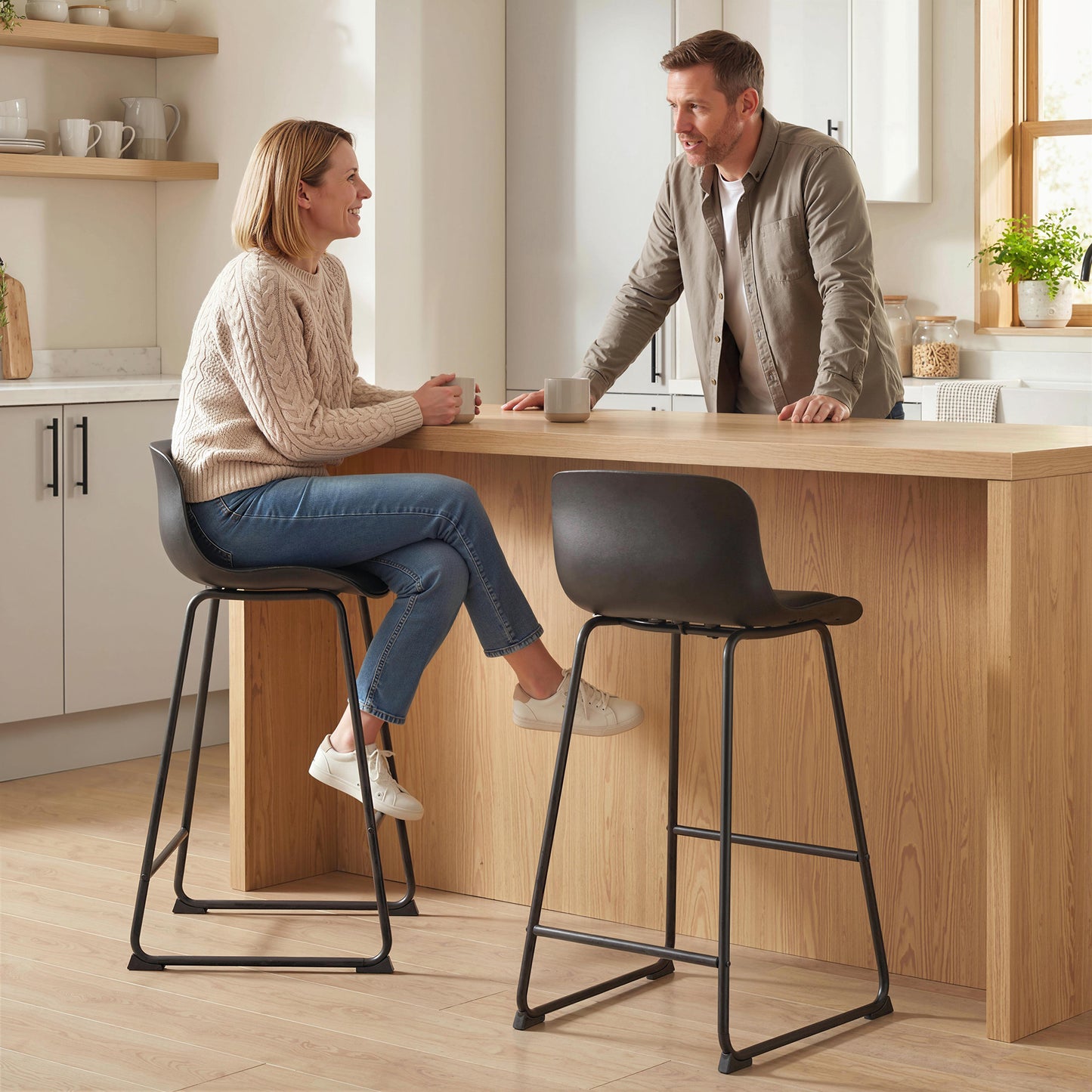 Modern Bar Stools Set of 2, PU Leather Barstools, Counter Height Kitchen Chairs for Breakfast Bars, Dining Room, Black
