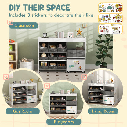 Kids Toy Storage Unit with 11 Bins, Cabinet, Top Shelves, 3 Stickers, for Nursery, Playroom, White