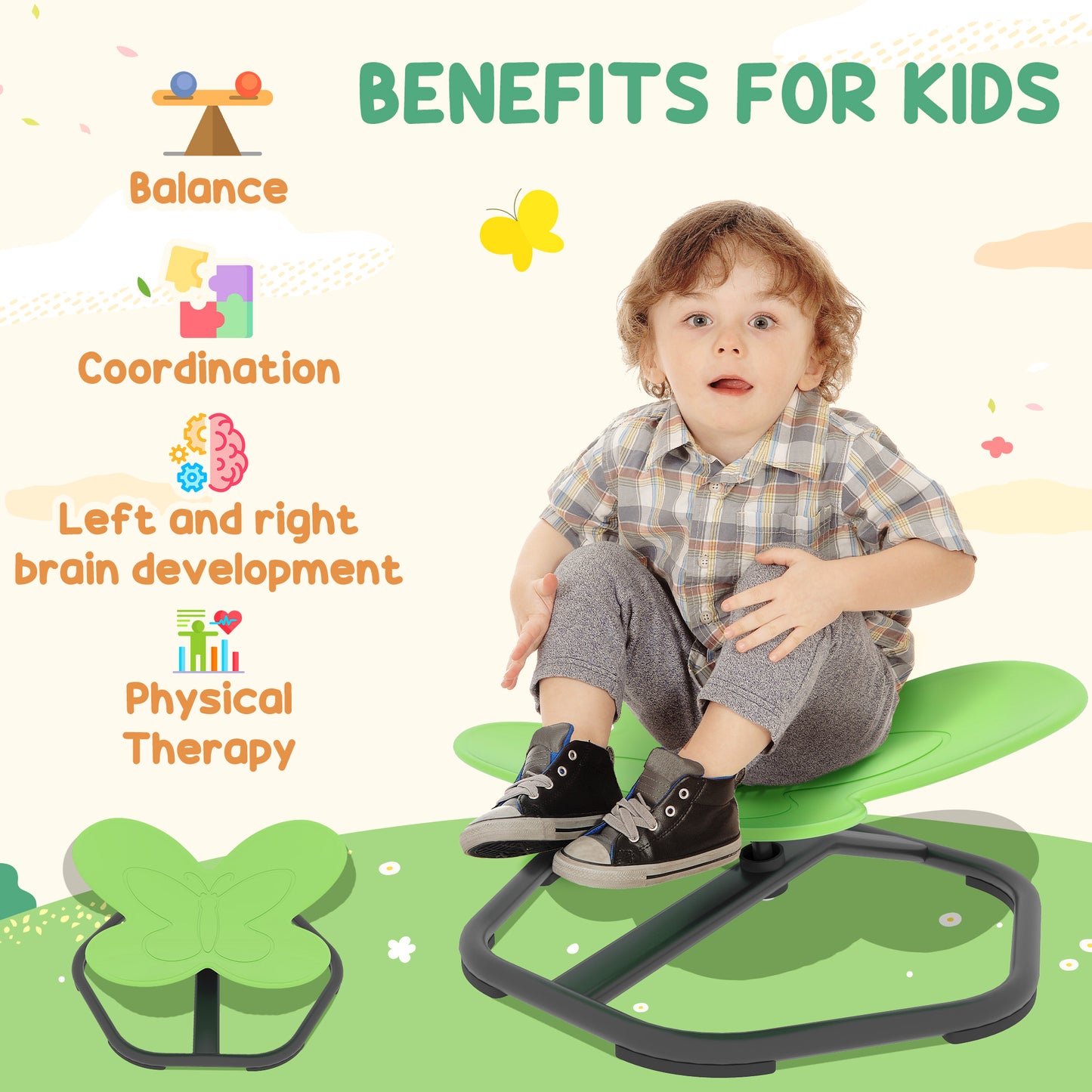 Butterfly-Shaped Kids Swivel Chair, Sensory Spinning Chair for Balance and Coordination Training, Green