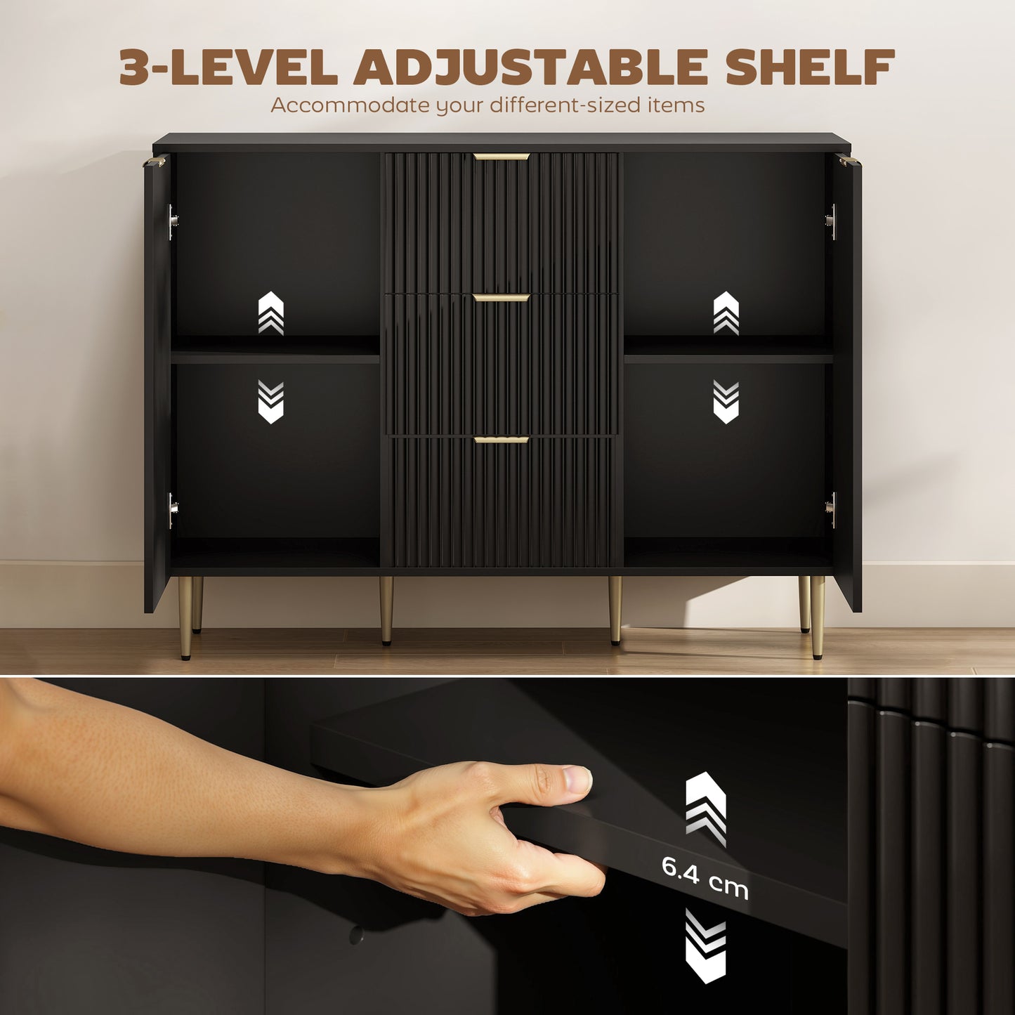 2-Door Sideboard with 3 Drawers and Adjustable Shelves - Black