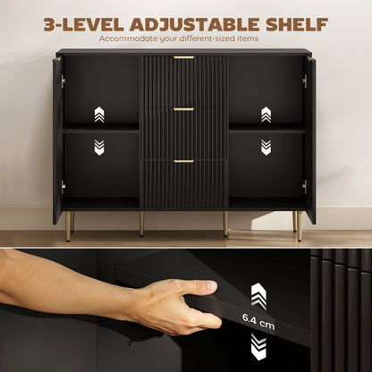 2-Door Sideboard with 3 Drawers and Adjustable Shelves - Black