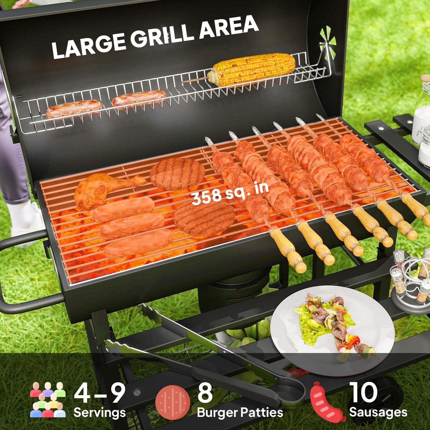 Charcoal BBQ Grill with Foldable Front Side Shelf, Portable Barbecue Smoker with Warming Rack, Bottom Shelf, Lid