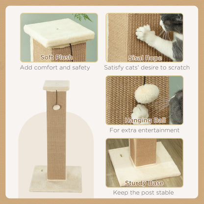 81cm Cat Scratcher, Vertical Full Scratcher w/ Natural Jute Rope, Hanging Ball, Soft Plush - Beige