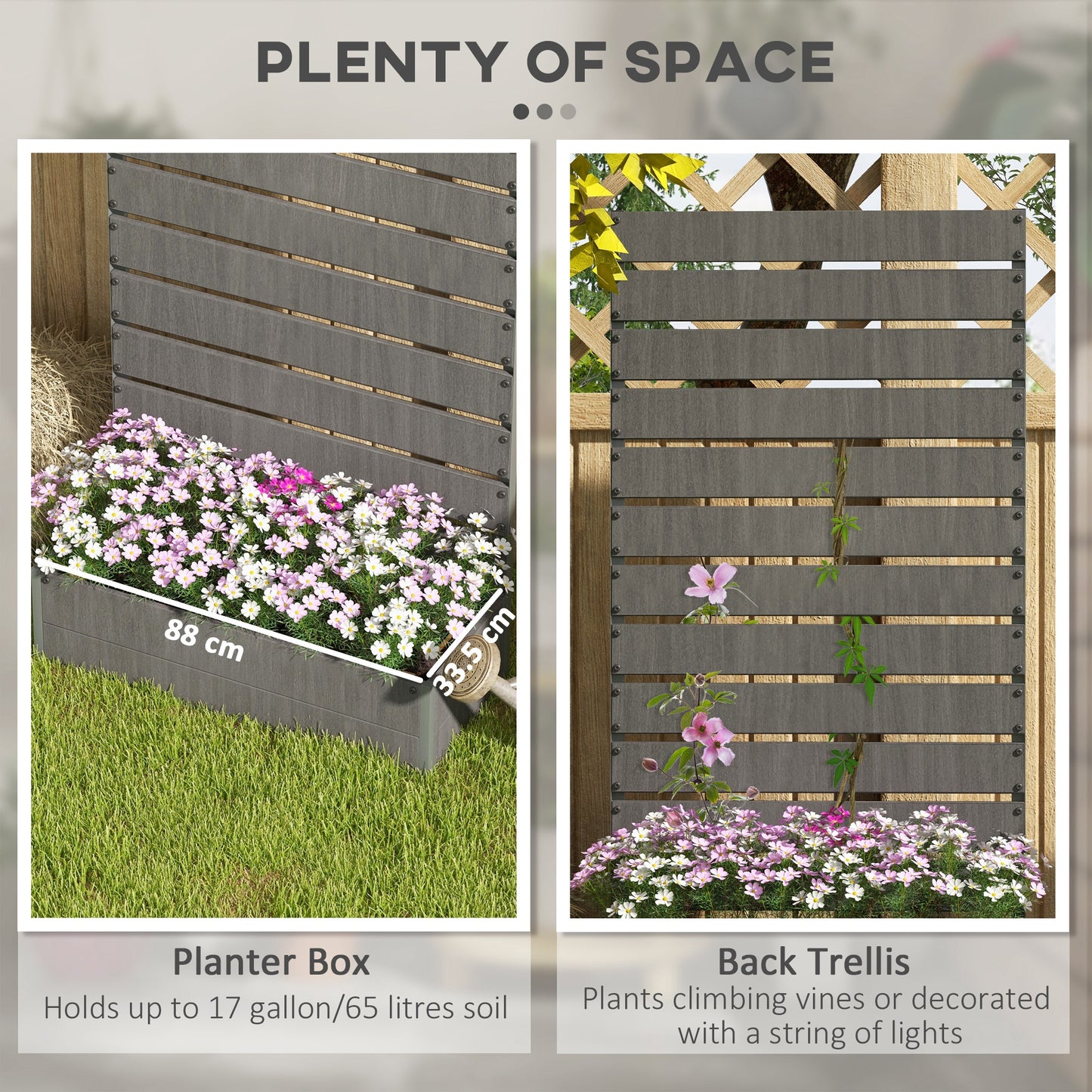 Raised Bed for Garden, Planter with Trellis for Climbing Plants, Vines, Planter Box with Drainage Gap, Dark Grey