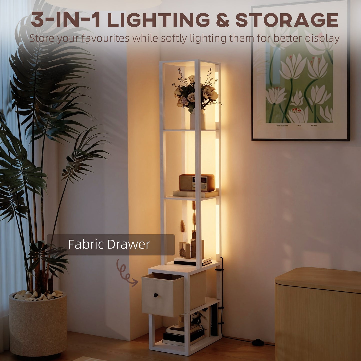 Floor Lamp with Shelves, LED Column Modern Standing Lamp with Fabric Drawer, Adjustable Brightness