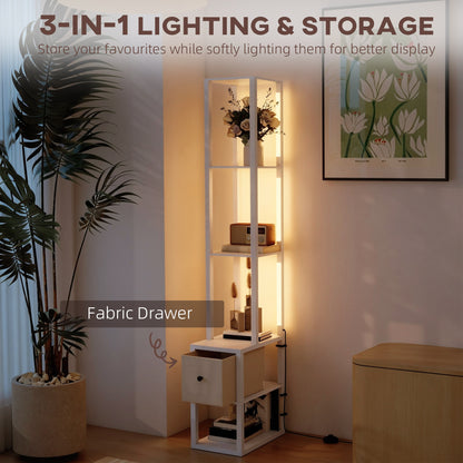Floor Lamp with Shelves, LED Column Modern Standing Lamp with Fabric Drawer, Adjustable Brightness